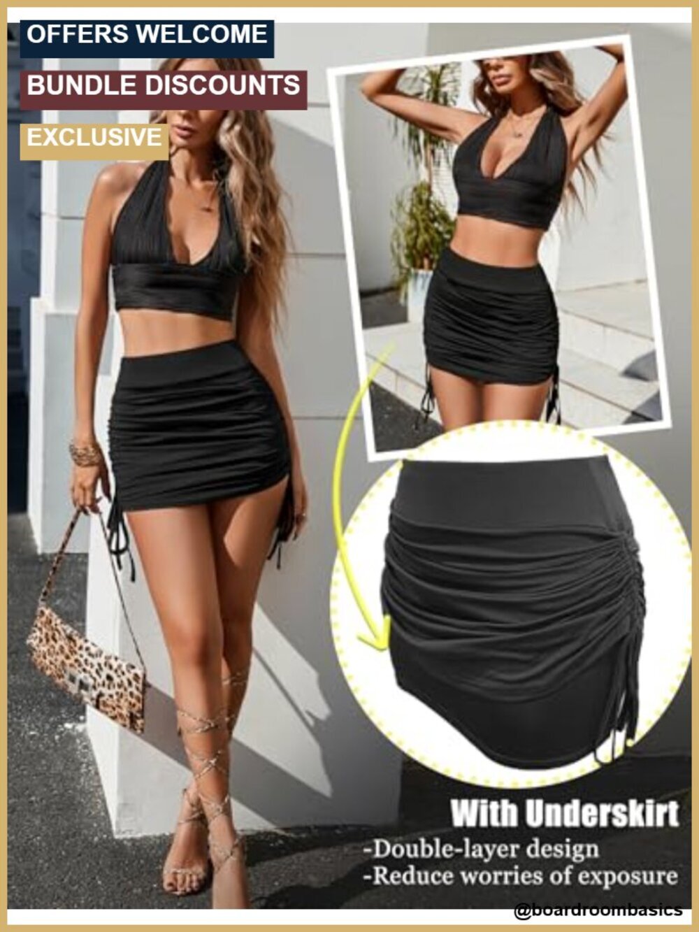 Double Layer Bodycon Pencil Mini Skirt with Drawstring Ruched Design - Picture 5 of 6